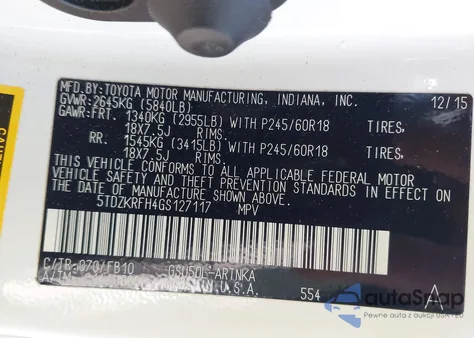 2016 Toyota Highlander Le V6 z USA, uszkodzony, nr VIN 5TDZKRFH4GS127117